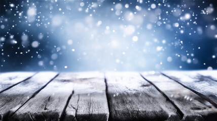 christmas background with wooden table and snow