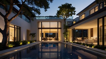 A modern villa exterior with a sleek and contemporary design with clean lines and large windows in...