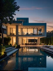 A modern villa exterior with a sleek and contemporary design with clean lines and large windows in Florida. Tropical landscaping with palm trees, colorful flowers, and lawns, 3D render