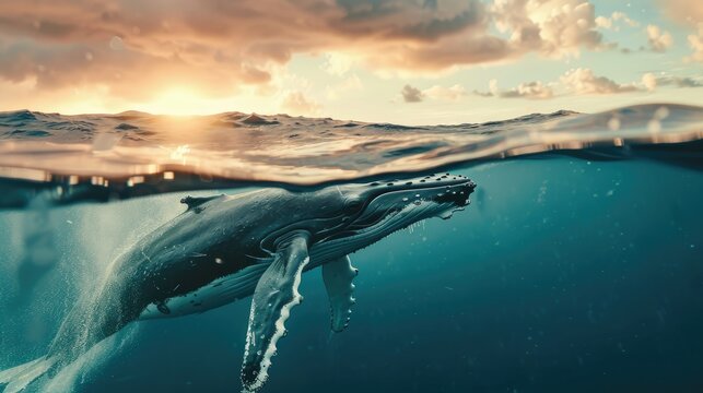 A Humpback whale appears above the ocean surface