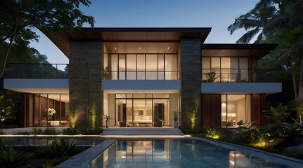 A modern villa exterior with a sleek and contemporary design with clean lines and large windows in Florida. Tropical landscaping with palm trees, colorful flowers, and lawns, 3D render