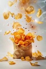 Crispy Potato Chips in Paper Bag with Colorful Seasoning Flying Against Light Background