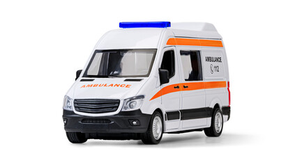 Emergency Ambulance Van toy with Bright Lights Isolated on White Background  © Soho A studio