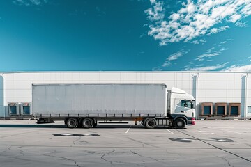 The truck is in the logistics center, in the warehouse. Cargo transportation. The truck delivery business. International transportation. Containers for storage and delivery