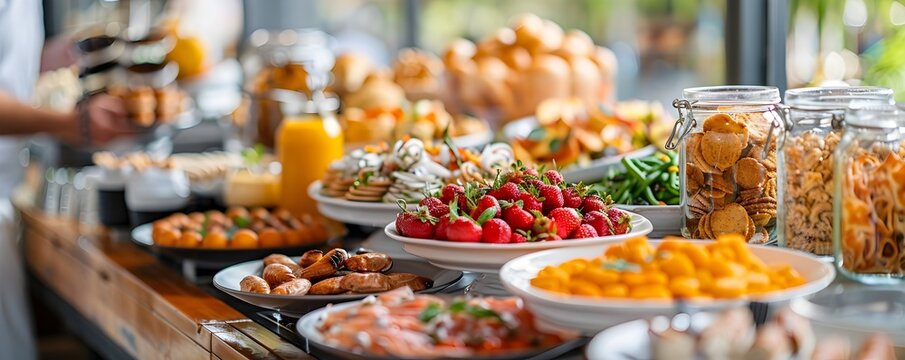 Luxurious Breakfast Brunch Buffet Spread at Upscale Hotel with Myriad Culinary Delights