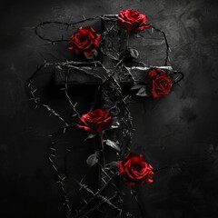 Gothic Cross with Red Roses and Thorns
