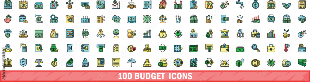 Wall mural 100 budget icons set. color line set of budget vector icons thin line color flat on white - Wall murals