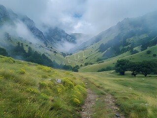 Misty Mountain Meadow Trail Winding Through Lush Green Valley Scenic Landscape
