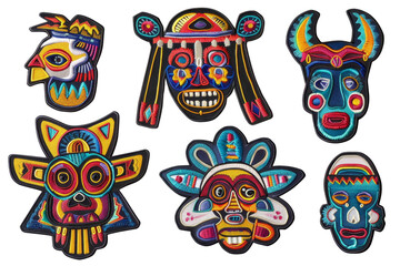 Set of six colorful tribal masks with intricate designs and vibrant colors, ideal for cultural artwork, decoration, and design projects.