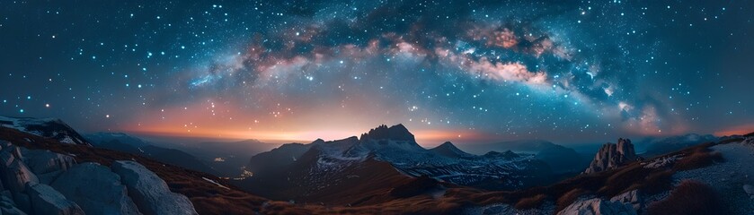 Astro photography Setup Facing Majestic Mountain Landscape Under Starry Skies