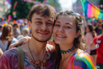 Bisexual couple in the pride parade, queer love at a rainbow- colored gay march with a man and a woman smiling