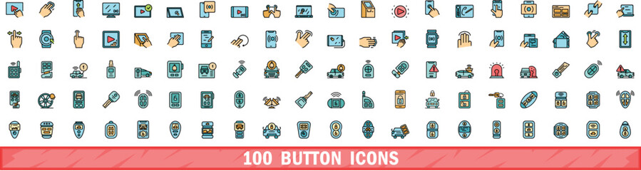 100 button icons set. Color line set of button vector icons thin line color flat on white