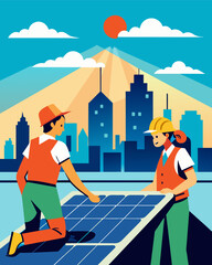 Fototapeta premium Two technicians carefully inspecting and cleaning the surfaces of solar panels on a rooftop surrounded by a stunning view of the city skyline.. Vector illustration