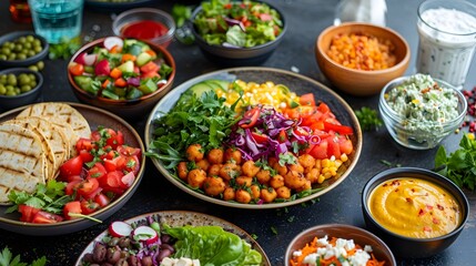 Fototapeta premium Vibrant Vegan Cafe Meal with Colorful Nutrient Dense Ingredients on Rustic Table