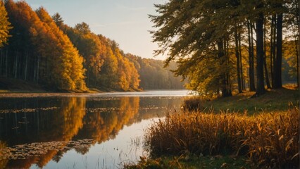 Fototapeta premium An autumnal lakeside scene with trees in vibrant fall colors reflecting on the still water at sunset.