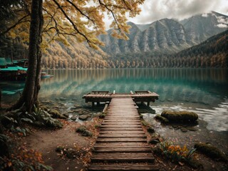 Beautiful autumn scene near lake with wooden bridge