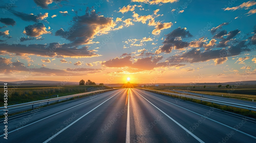 Wall mural highway road and sky clouds at sunset 