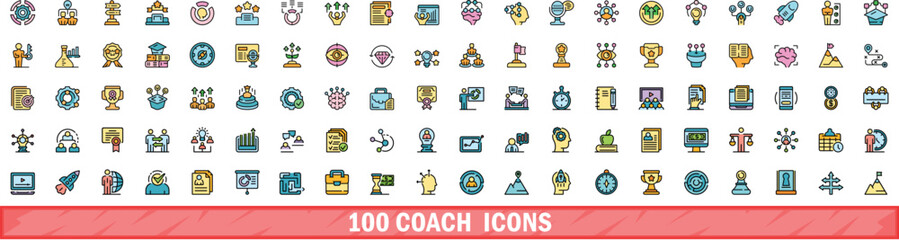 100 coach icons set. Color line set of coach vector icons thin line color flat on white
