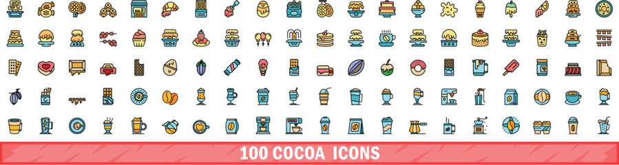 100 cocoa icons set. Color line set of cocoa vector icons thin line color flat on white