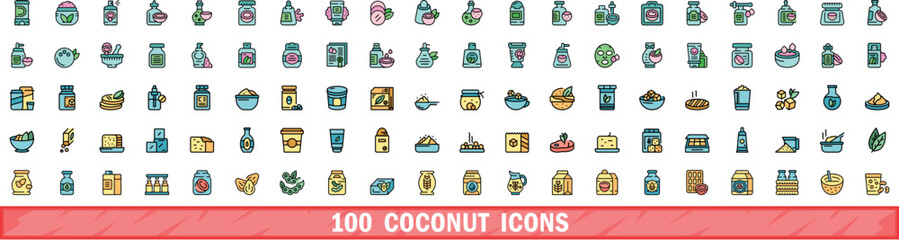 100 coconut icons set. Color line set of coconut vector icons thin line color flat on white