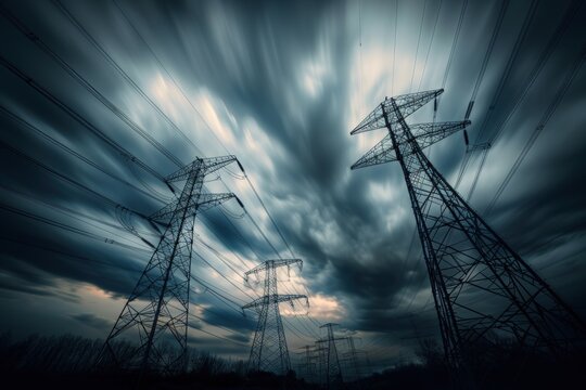 A low-angle shot of tall electric towers against a dramatic, stormy sky. The clouds are dark and swirling, with hints of light breaking through.