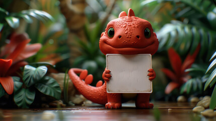 Cute Red Dinosaur Holding a Blank Sign Standing in a Lush Tropical Forest Surrounded by Greenery and Vibrant Flowers Perfect for Customizable Messages or Advertising