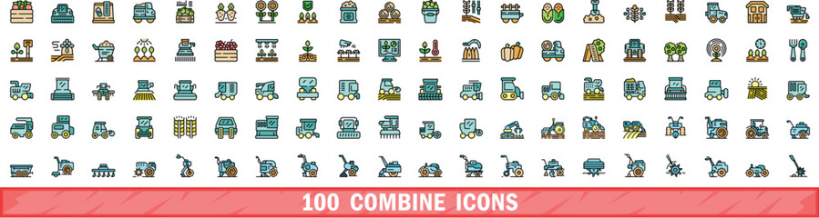 100 combine icons set. Color line set of combine vector icons thin line color flat on white