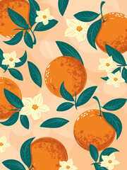 A fresh and vibrant peach-colored background featuring simple flat oranges, blooming flowers, and green leaves, perfect for a lively and natural themed cover.