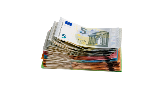 Pile of euro banknotes - official currency of a large number of European countries. The euro is the second most widely used currency in international transactions and an important reserve currency.