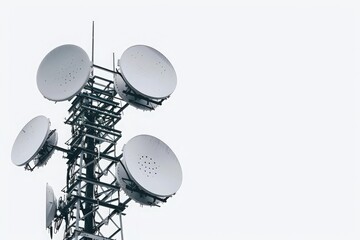 An isolated communication tower with multiple satellite dishes against a clear, white sky.