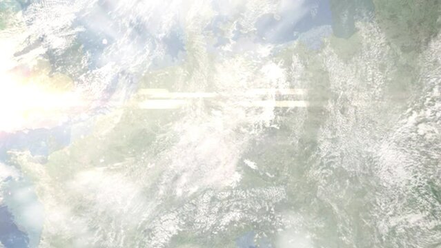 Earth zoom in from space and focus on Weimar, Germany. Background for travel intro or blog. Satellite view. 3D style Animation. Images from NASA.
