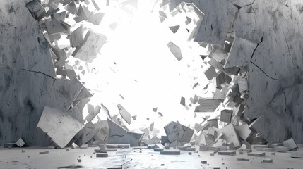 Massive hole in a broken wall with volume light shining through. The cracked surface and debris indicate a significant impact or explosion. Emphasizes escape, crisis and freedom.