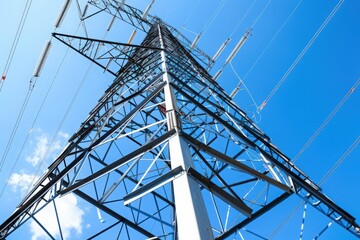 An isolated electric tower stands tall against a bright blue sky, its steel structure reaching towards the heavens.