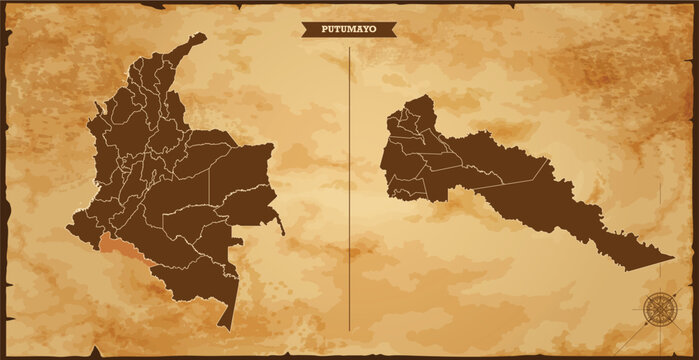 Putumayo state map, Colombia map with federal states in A vintage map based background, Political Colombia Map