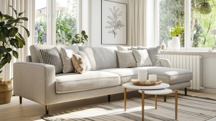 Modern living room interior with a grey sofa, white sideboard and table against a light gray wall. Scandinavian home decor concept.