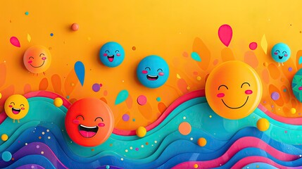 Fototapeta premium A bright illustration background for World Smile Day with smiling faces and bright colors, and space for positive text