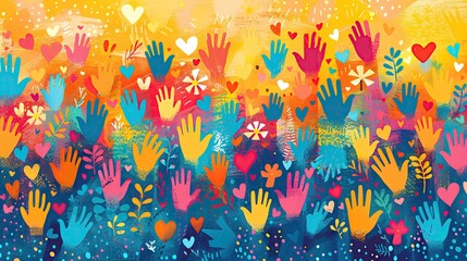 A bright illustration background for International Volunteer Day with helping hands and community elements, and space for messaging