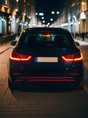 Rear view of a blue car on a well-lit city street at night, creating a serene urban atmosphere.