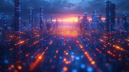 Obraz premium Futuristic Neon Blue Holographic Cityscape Illuminated by Glowing Lights in the Night Sky - 3D Rendering