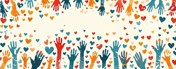 A cheerful  background for International Day of Charity with hands, hearts, and donation symbols, and ample copy space