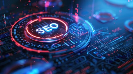 Digital SEO concept with neon marketing and analytics internet search engeenes optimization. High-tech digital illustration