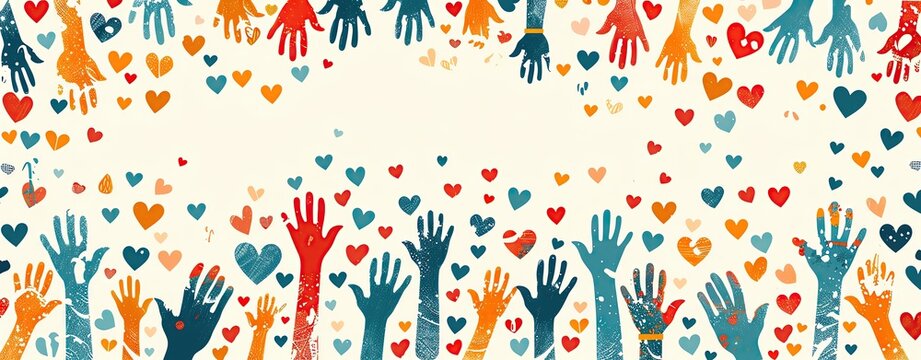 A cheerful  background for International Day of Charity with hands, hearts, and donation symbols, and ample copy space