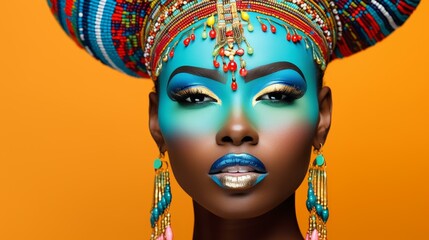 Stunning portrait of a woman with bold makeup and statement jewelry, embodying confidence and style.