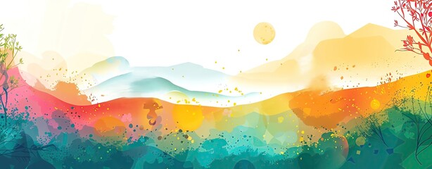 A colorful vector background for International Yoga Day with yoga poses and serene settings, with space for messaging