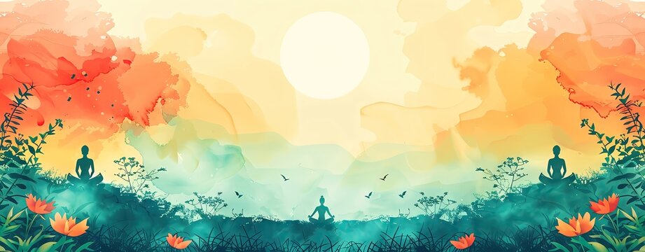 A colorful background for International Yoga Day with yoga poses and serene settings, with space for messaging