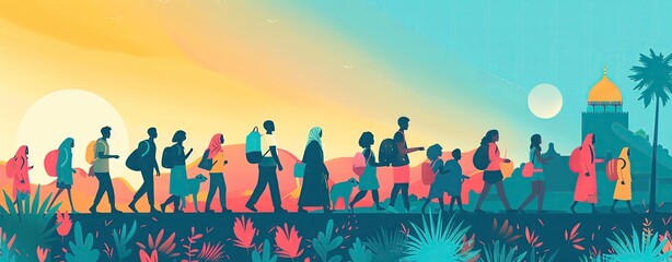 A compassionate vector background for Refugee Day depicting diverse people in a safe community setting, with space for messaging