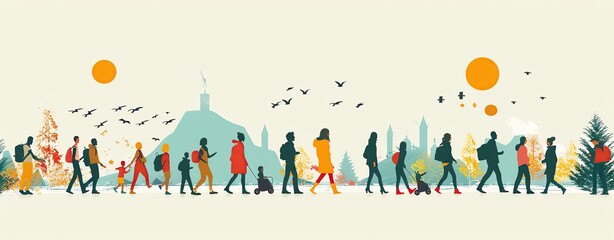 A compassionate vector background for Refugee Day depicting diverse people in a safe community setting, with space for messaging