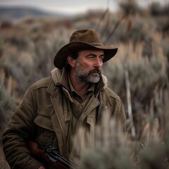 Obraz premium Rugged man with beard in brown hat and jacket stands in the wild outdoors, holding a rifle, looking thoughtfully into distance.