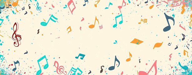 A pastel-colored vector background for World Music Day with musical notes and instruments scattered around, leaving space for text
