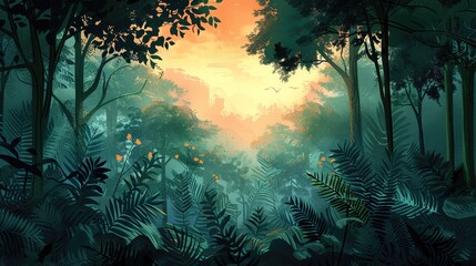 A serene illustration background for International Day of Forests with lush trees and wildlife, and room for environmental text